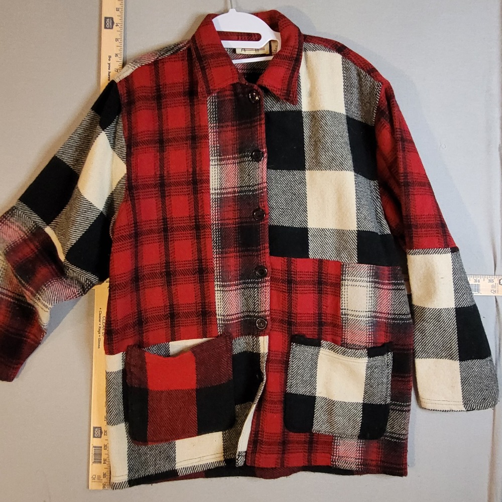 Ashley Hill Vintage Patchwork Wool Plaid Jacket Red Black Buffalo Check Medium